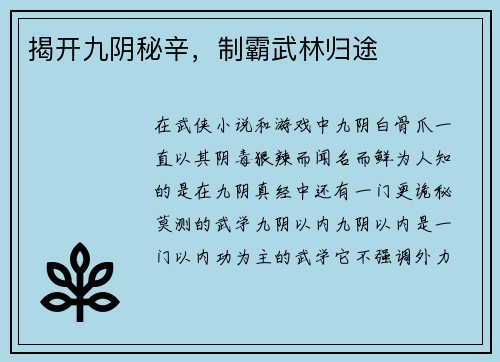 揭开九阴秘辛，制霸武林归途