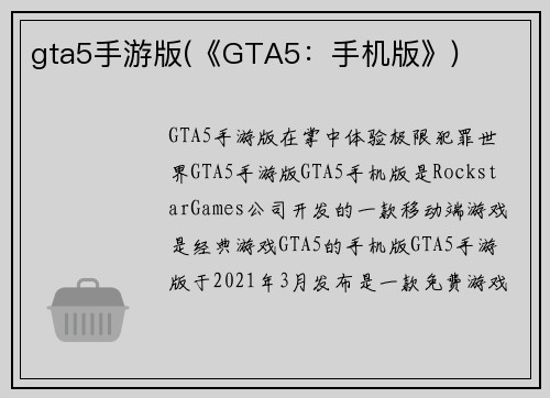 gta5手游版(《GTA5：手机版》)