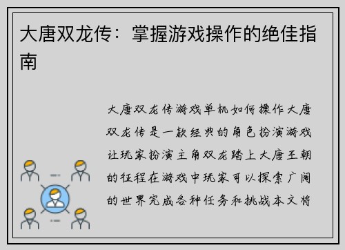 大唐双龙传：掌握游戏操作的绝佳指南